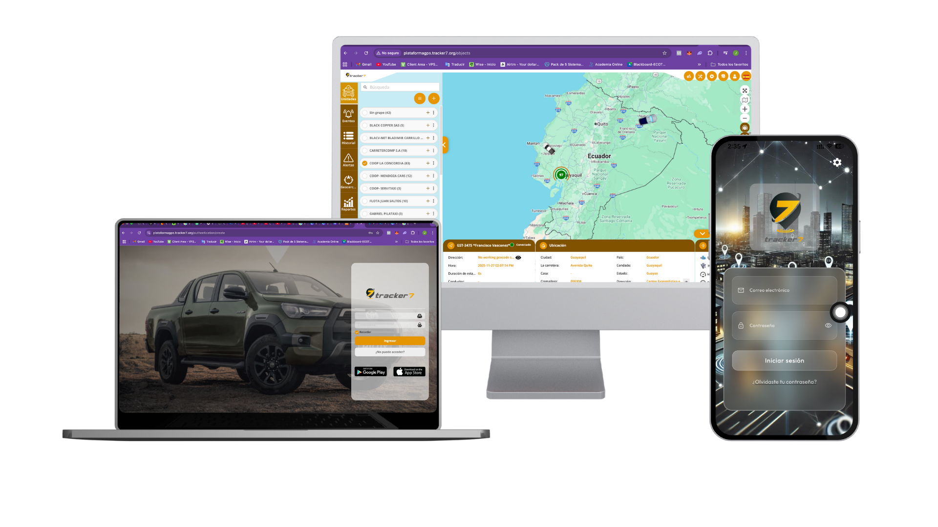 Plataforma Tracker7 en PC, laptop y app móvil